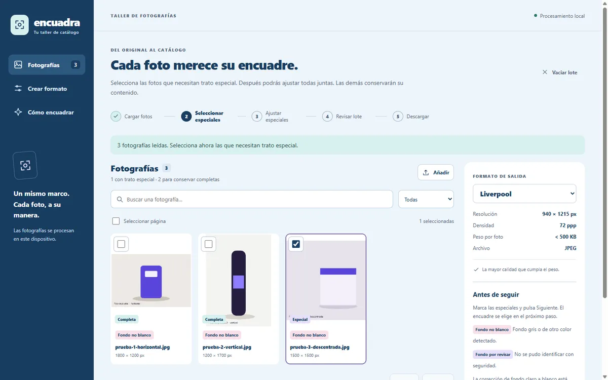 Encuadra con tres fotos de prueba cargadas, marcadas con fondo no blanco y una seleccionada como especial