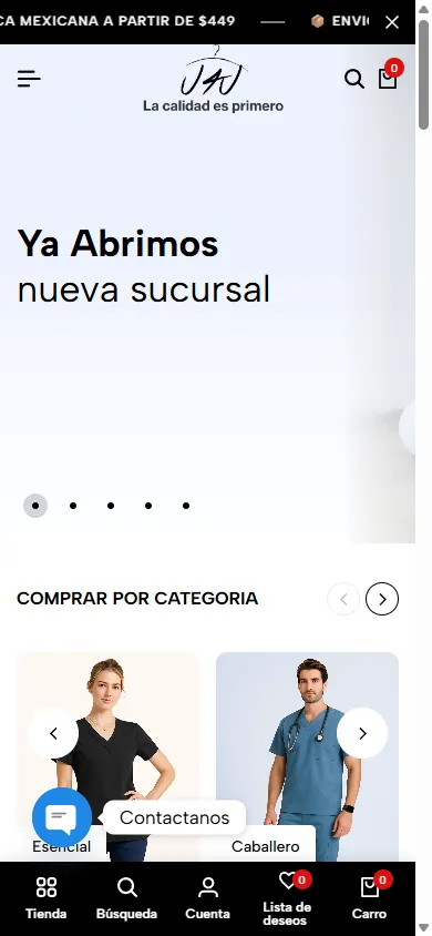 Portada de la tienda U4U en un celular con su barra inferior de tienda, búsqueda y carrito